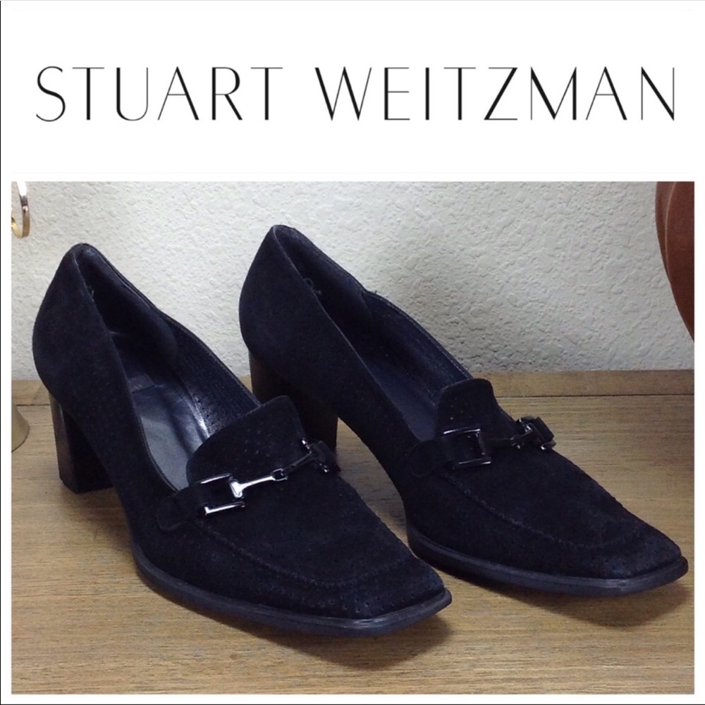 Stuart Weitzman Black Laser Cut Suede Loafers